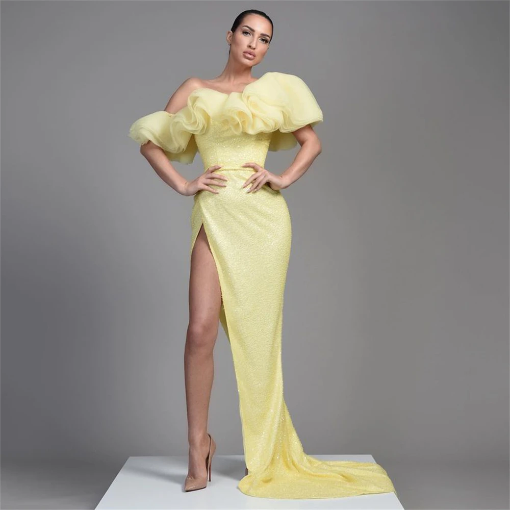 

Yellow Luxury Glitter Mermaid Evening Dresses Ruched One Shoulder Sexy High Side Slit Prom Dress Backless Bodycon Party Gowns