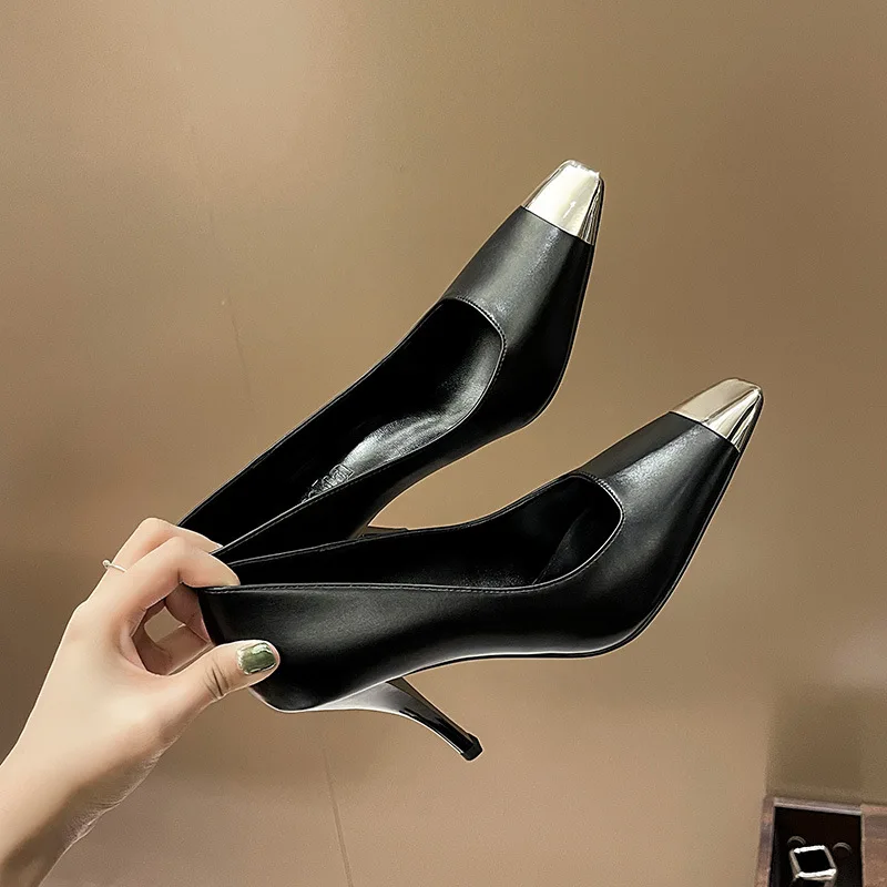 

Single shoes 2021 new metal small square toe shallow patent leather high heels stiletto black all-match women's shoes