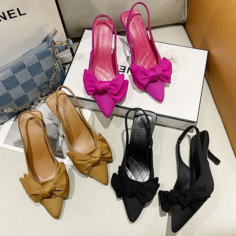 

2022 Summer Brand Women 7cm High Heel Slingback Sandals Shoes Fashion Bow-knot Pointed Toe Slip On Ladies Elegant Dress Pumps