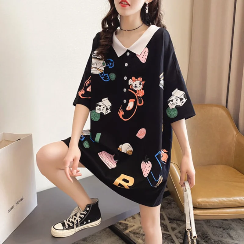 

Polo Neck Shirts for Women Short Sleeve Tee Tops Flower T-shirt Woman Button Clothing Summer 2023 Golf Synthetic Cute Cotton New