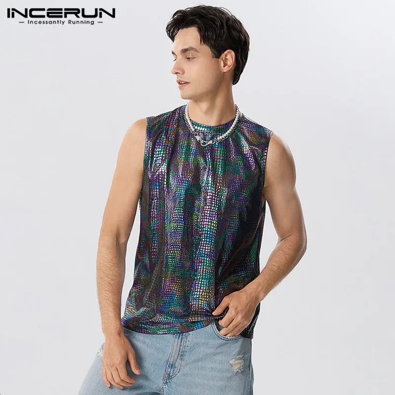 

2023 Men Tank Tops Sequin Shiny O-neck Sleeveless Summer Fashion Vests Men Streetwear Party Nightclub Men Clothing S-5XL INCERUN