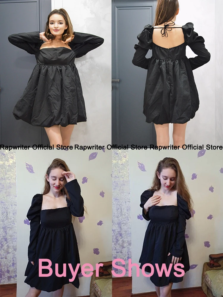 Rapwriter Elegant A Line Dress Vintage Square Collar Party Dress Korean Evening Prom Dress Romantic Black Short Dress For Girl