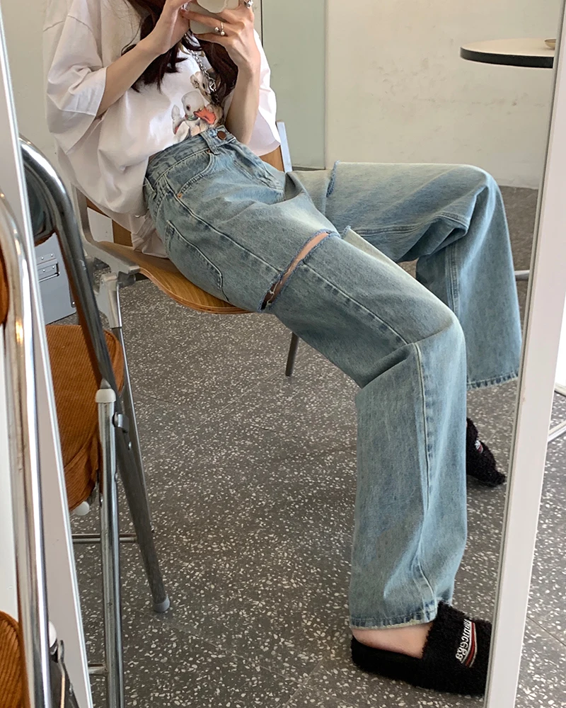 Женские рваные прямые джинсы с высокой талией синие джинсовые брюки Y2k Корейская