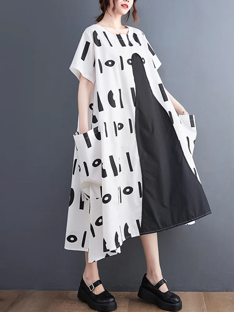

Женское длинное Хлопковое платье составного кроя, повседневное свободное винтажное платье-макси большого размера с короткими рукавами, модель 2023 в Корейском стиле на лето