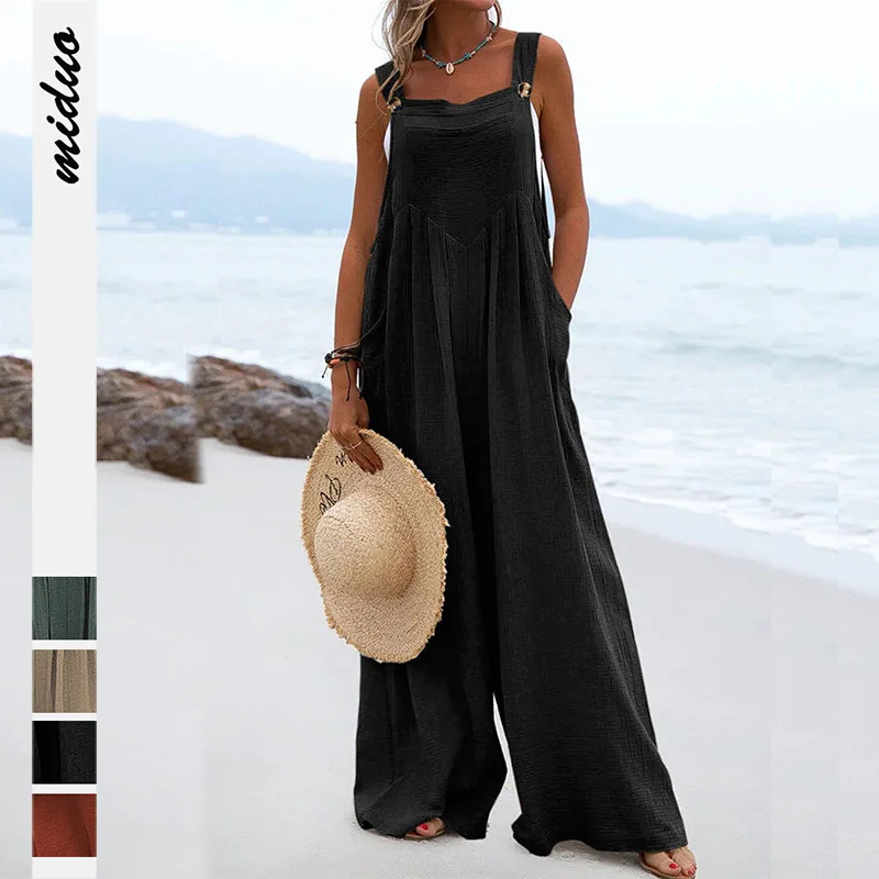 New Summer Casual Baggy Jumpsuit with Back Strap Pocket Cotton Hemp Breathable Wide-Leg Household Commuter Pants
