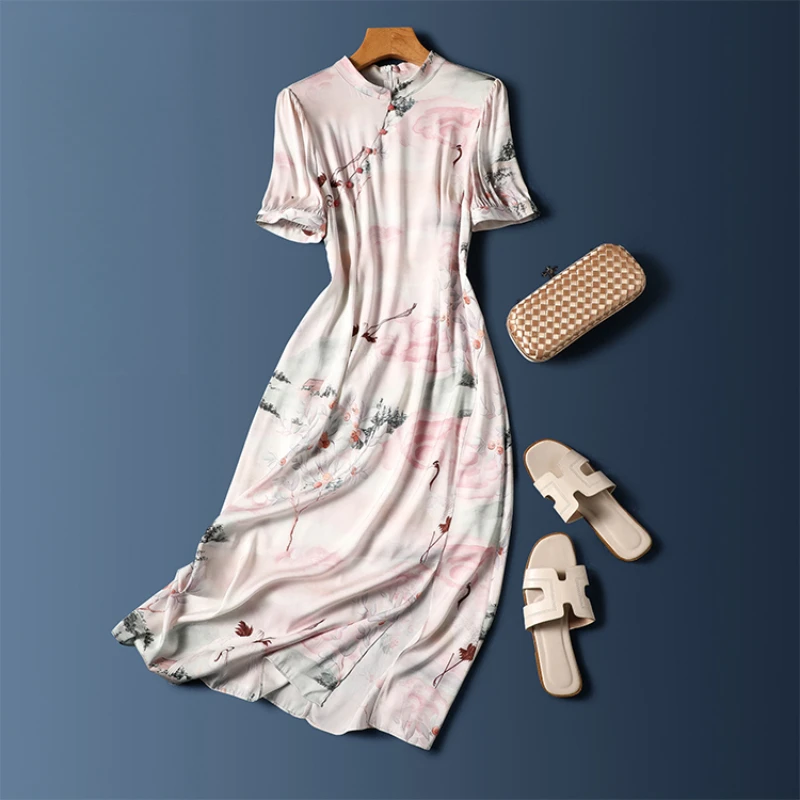 

Женское шелковое платье, новинка 2023, атласное платье свободного покроя с короткими рукавами в китайском стиле, женская одежда с круглым вырезом YCMYUNYAN