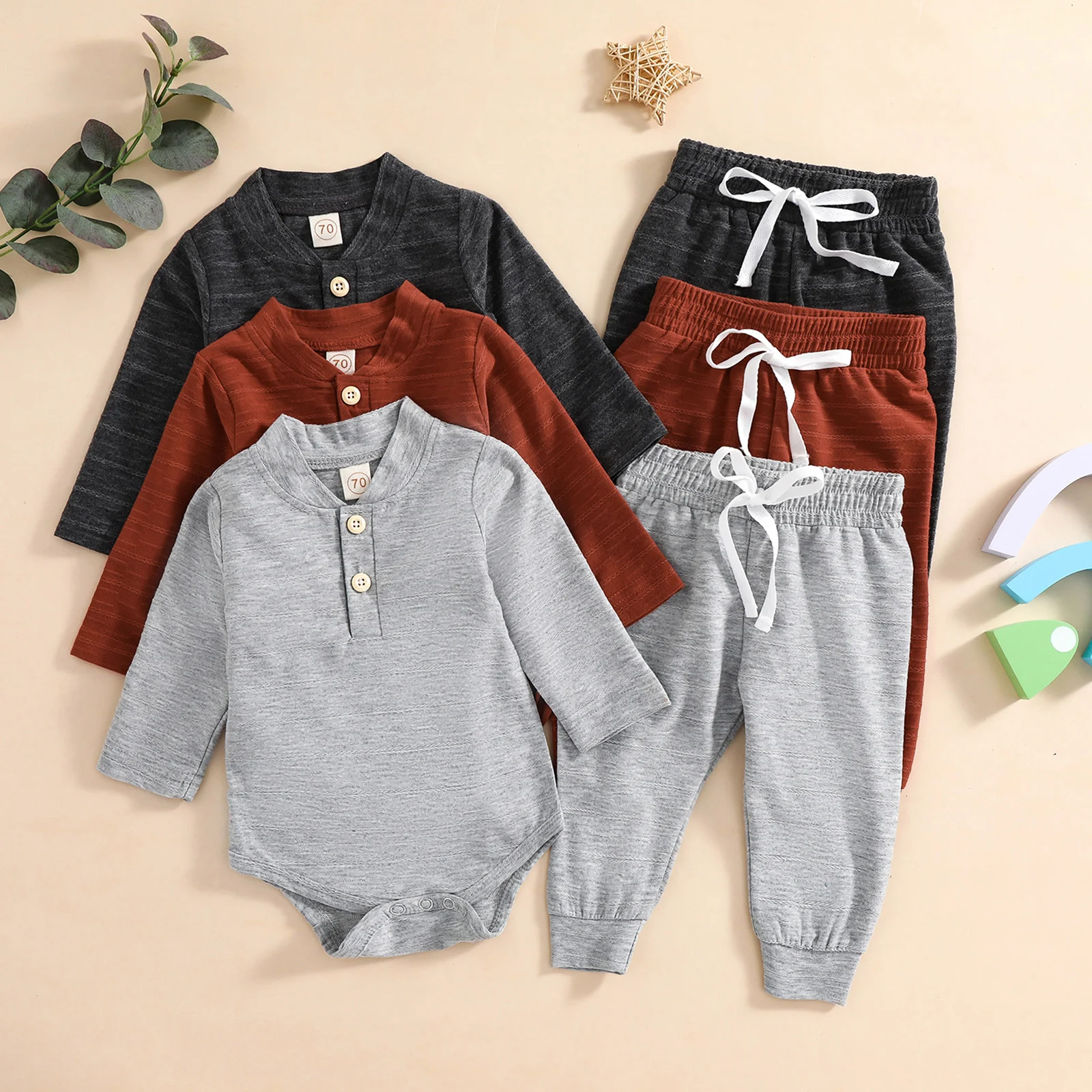 

Детская одежда, однотонная Одежда для новорожденных мальчиков и девочек, боди на пуговицах + брюки, повседневная одежда из 2 предметов, Одежд...