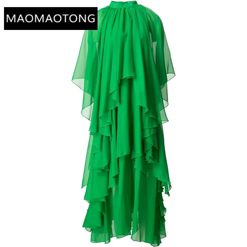 

Women Dress Green Stand Collar Shoulder Long Sleeve Cascading Flounces Loose Long Dress