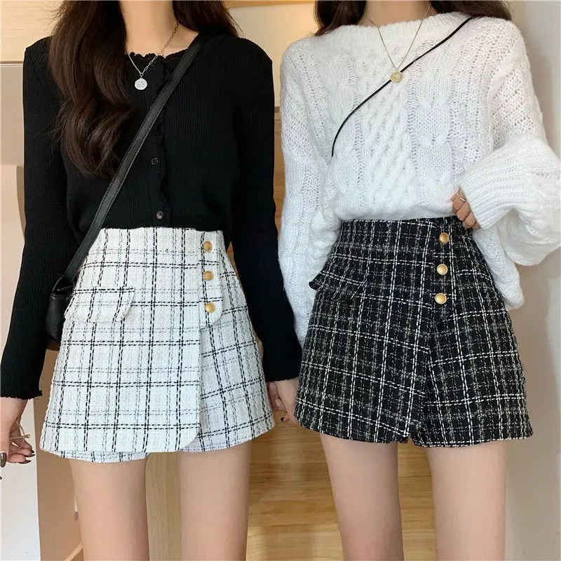 Retro Shorts Skirts Women New Empire A-line Button Plaid Zipper Fly Korean Fashion Solid Slim Casual Package Hip Skirts