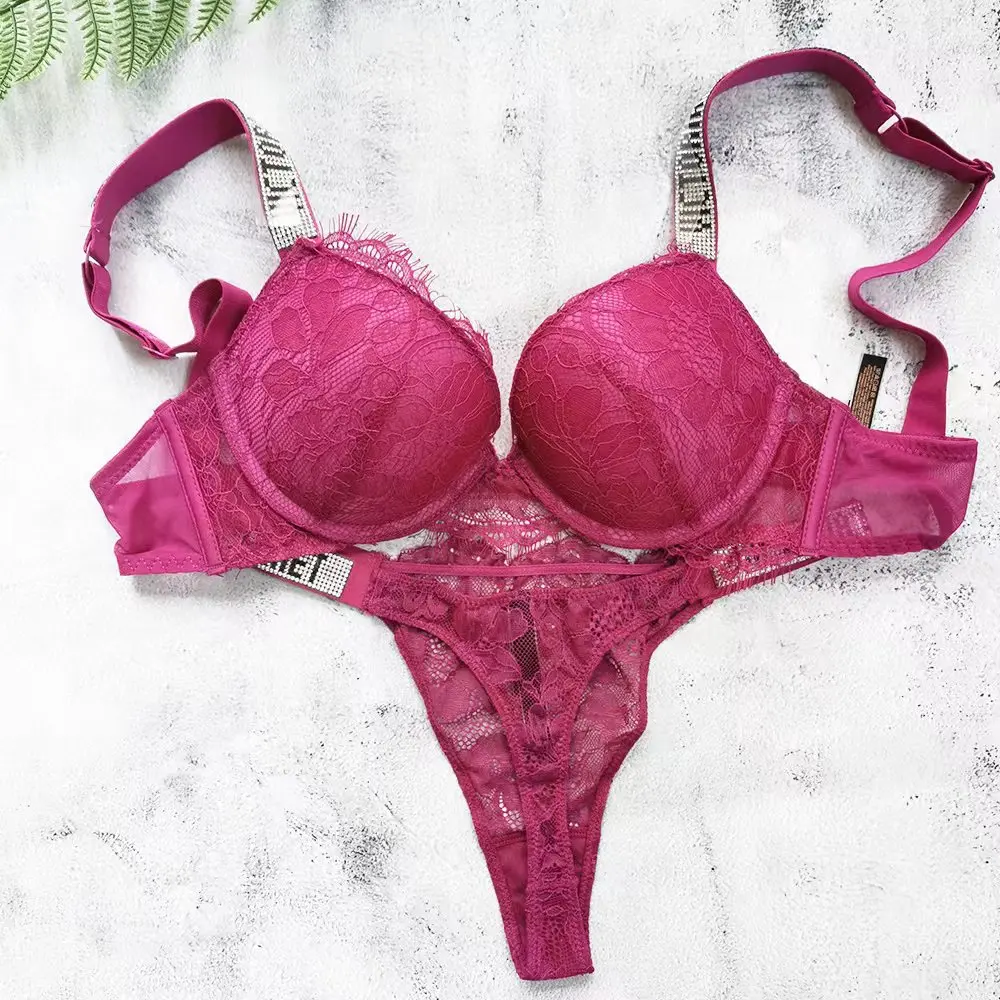 

2022 Sexy Underwear thong 2 Piece Lingerie Set lace Bra rhinestones letter Women Bra Set Fashion sexy lingerie for women body