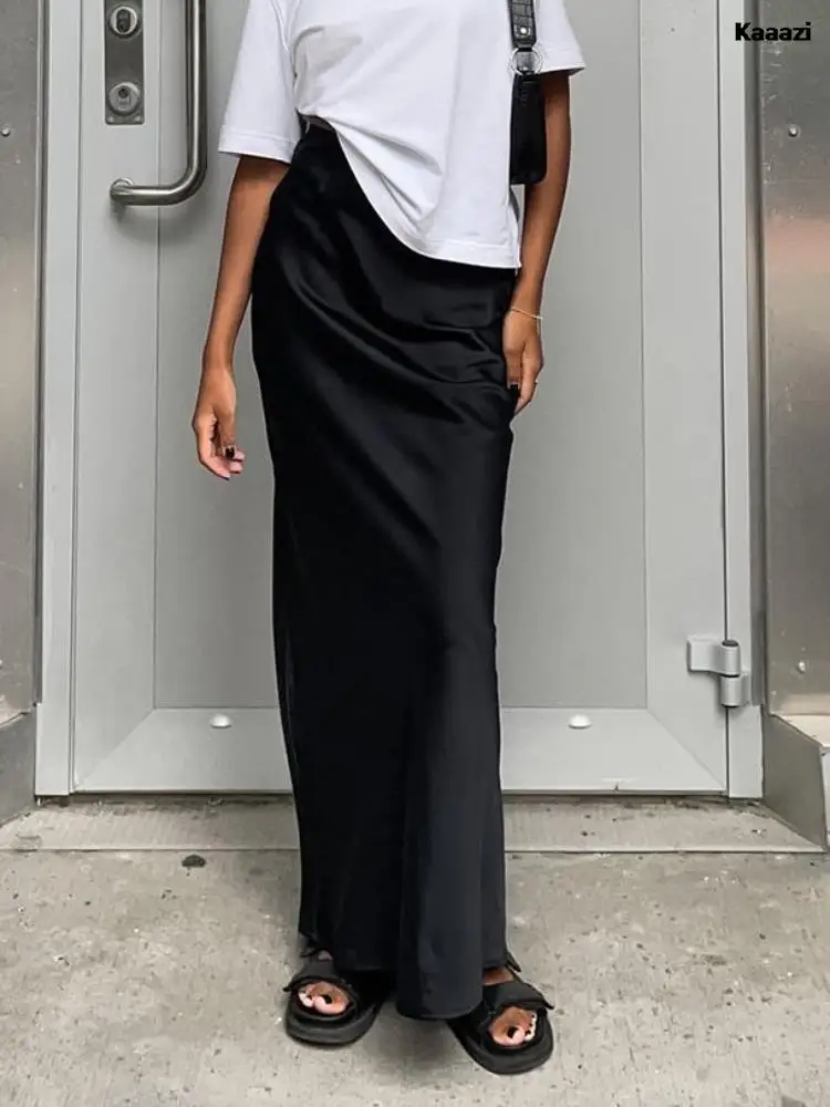 

KAAAZI Elegant Slim Satin Black Trumpet Skirts Fashion High Waist Skirts Women Female 2023 Spring Summer Solid Office Long Skirt