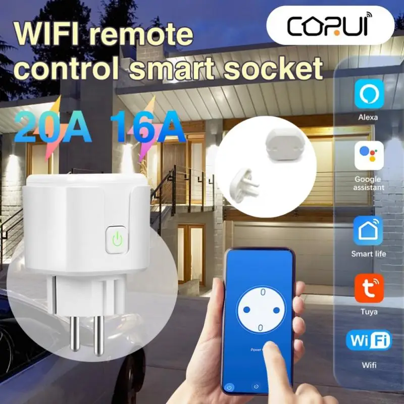 

CORUI EU Tuya WiFi Smart Socket Wireless Plug 16A 20A Timer With Power Monitor Alexa Google Home Voice Control Power Cover