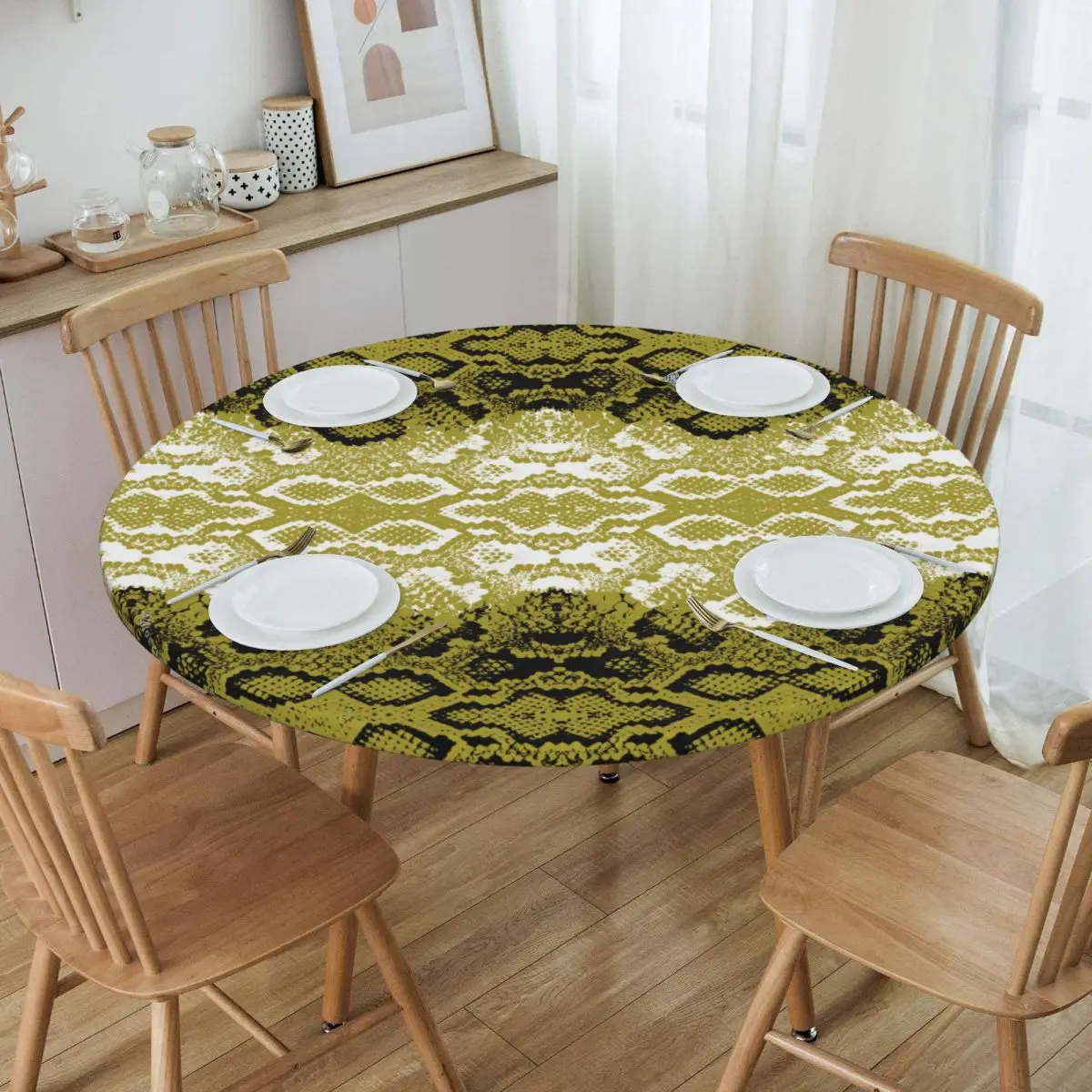 

Snake Skin Texture Print Tablecloth Round Elastic Fitted Waterproof Snakeskin Table Cover Cloth for Banquet