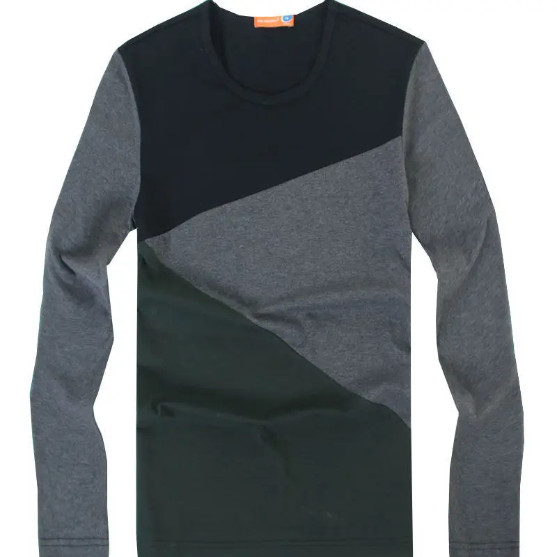 

Men's Long Sleeved Knitted T-shirt Stitching Contrast Black Gray O Neck Pullover Trend Top Bottoming Shirt for Spring Autumn