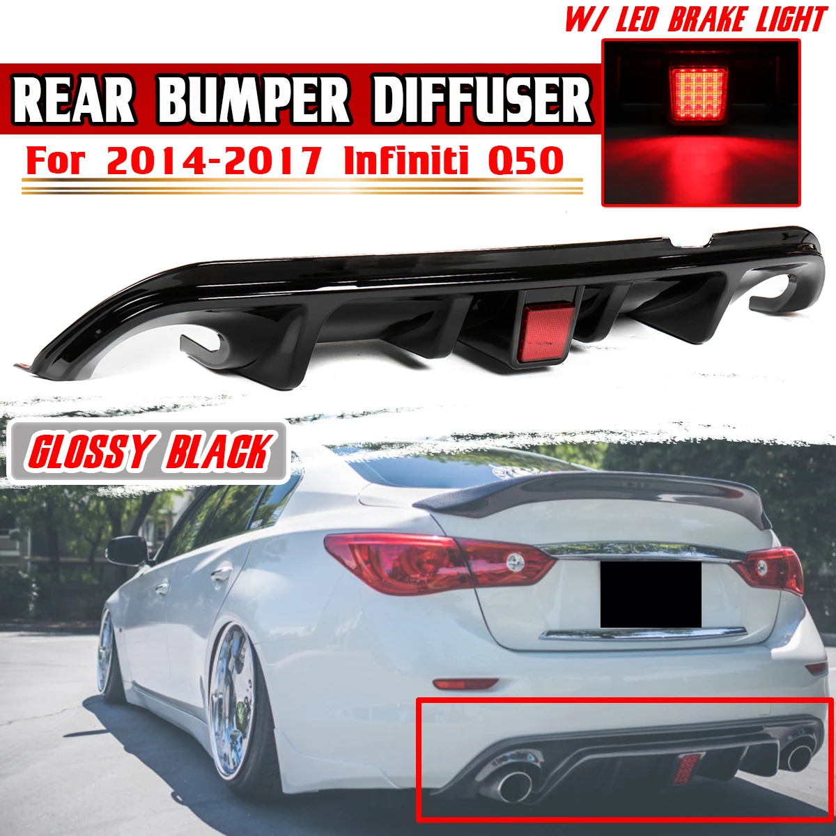 

Black/Carbon Fiber Look Car Rear Bumper Diffuser Lip Spoiler Rear Diffuser Lip W/ Led Brake Light For Infiniti Q50 2014-2017