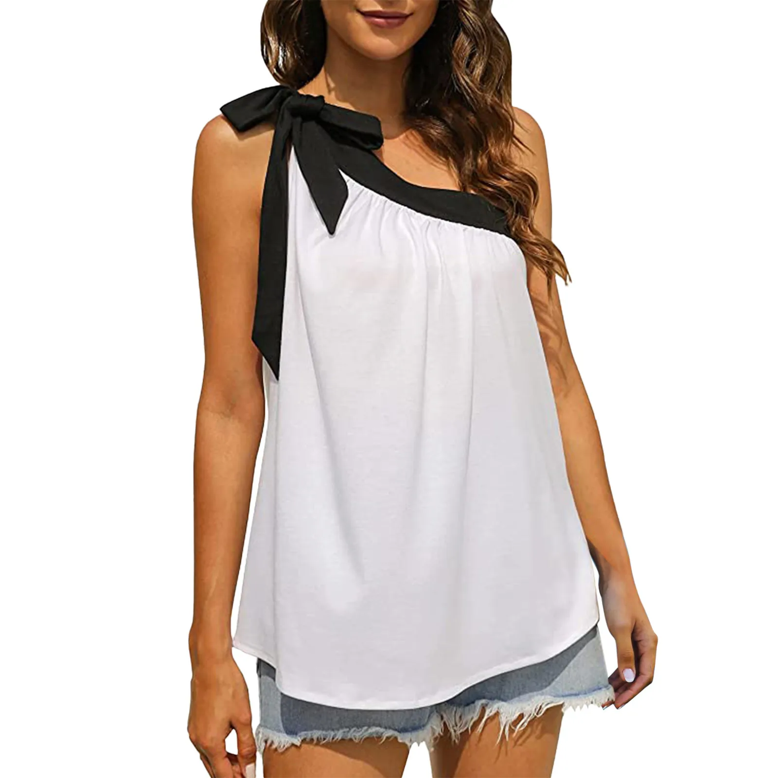 

Модные женские топы с бантом на одно плечо, Повседневная Свободная однотонная подходящая блузка без рукавов, женские летние топы 2022