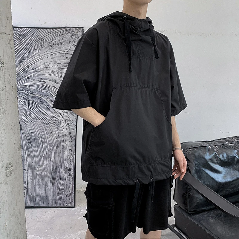 

Harajuku Black Grey Drawstring Hooded Short Sleeve Men T Shirts 2022 Summer Korean Fashion Causal Oversized Clothing Streetwear