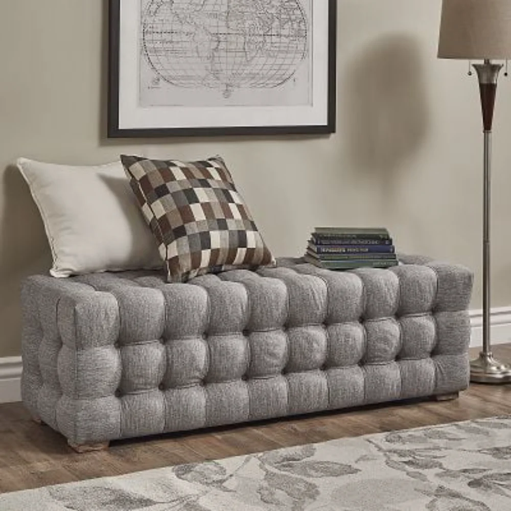 

Weston Home Bowman Rectangular Tufted Linen Ottoman, Gray Linen