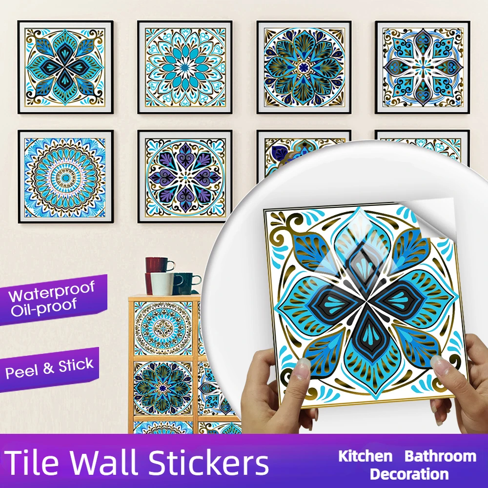 

10PCS Mandala Pattern Tile Wall Sticker Kitchen Bathroom Crystal Hard Film PVC Waterproof Retro Wallpaper Art Mural Room Decor