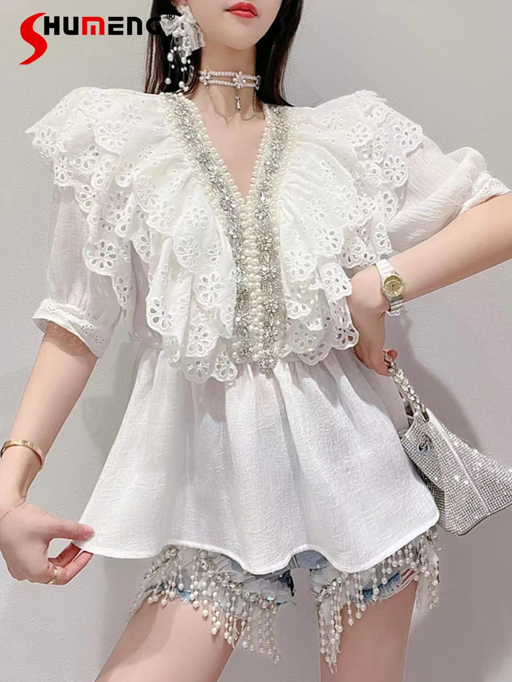 

French Beaded Rhinestones White Lace Shirt Women's Clothing 2022 Summer New Elegant Ruffled V-neck Waist-Controlled Tops Ladies