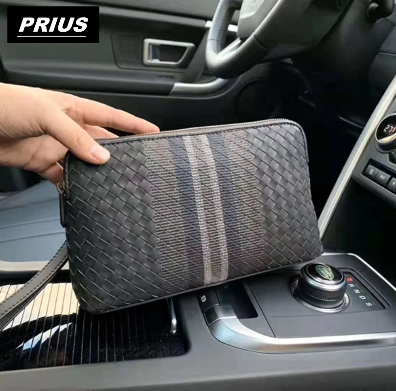 

100% leather men's bag Double zipper woven handbag Men's luxury large capacity cowhide embroidery handbag wallet