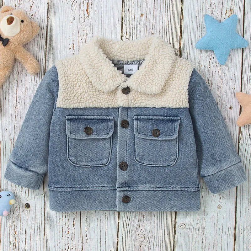 

Plush Baby Denim Jacket Fashion Boys Girls Coat Autumn Winter Warm Long Sleeve Patchwork Outerwear Toddler Girl Clothes