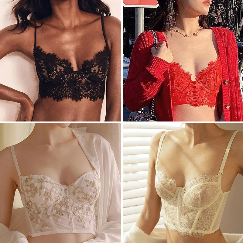 

Sexy Women Lingerie Lace Bras French Flower Embroidery Cutout Bralette Comfort Mesh Push Up Eyelash V Neck Bra Underwear