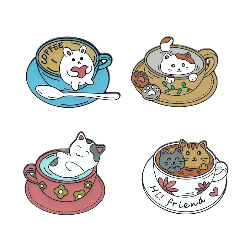 

Cute Cartoon Coffee Cat Coffee Cup Pins Paint Enamel Collar Coffee Kitten Pins Backpack Clothing Enamel Lapel Pins Brooches
