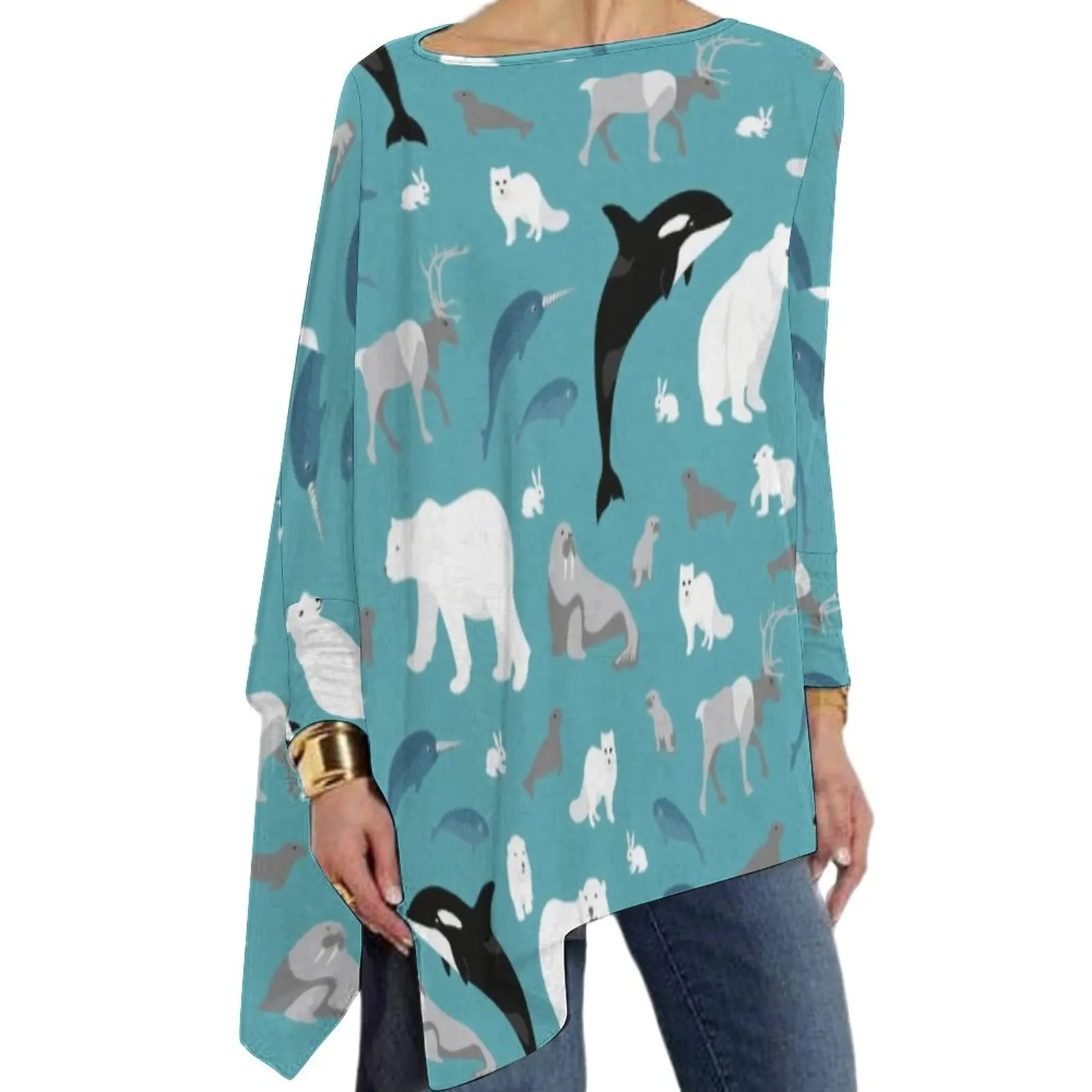

Arctic Animal Print T Shirt Polar Bear Retro Long Sleeve T Shirts Casual Loose Oversize Tee Shirt Women Print Clothing Gift