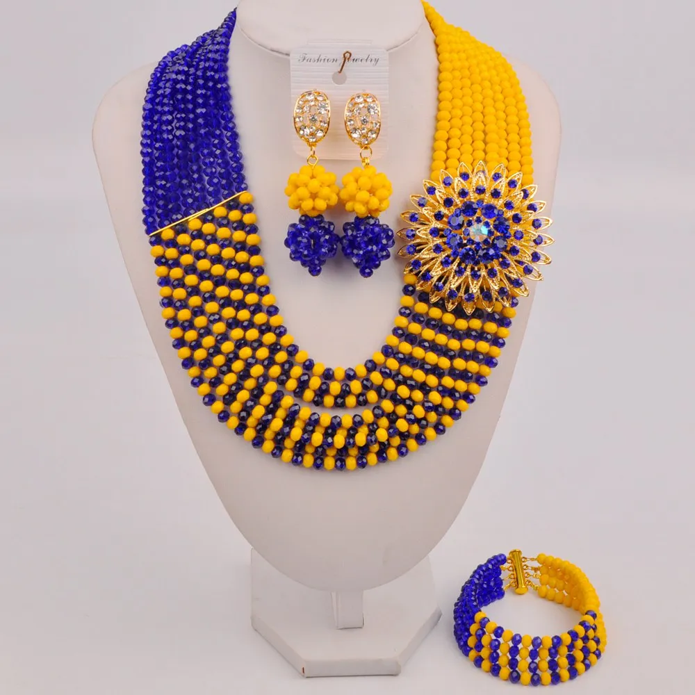 

Royal Blue and Opaque Yellow Crystal Bead African Wedding Necklace Nigerian Beads Jewelry Set