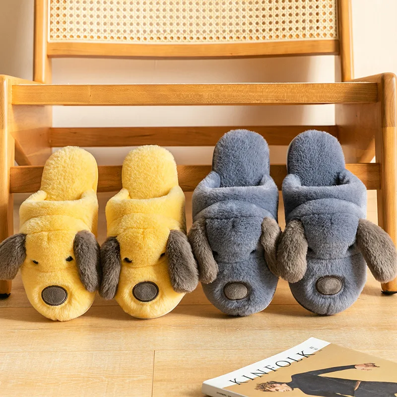 Winter Home Women Fur Slippers Soft Sole Cotton Shoes Cute Cartoon Puppy Bedroom Men Fluffy Slippers Couples Furry Shoes