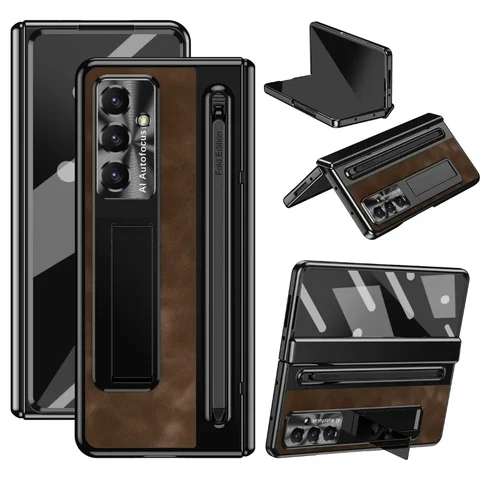 Leather-like phone case for Samsung Galaxy Z Fold 7 6 5 4 3 with key slot and protective lanyard loop, retro-style glass bracket dark