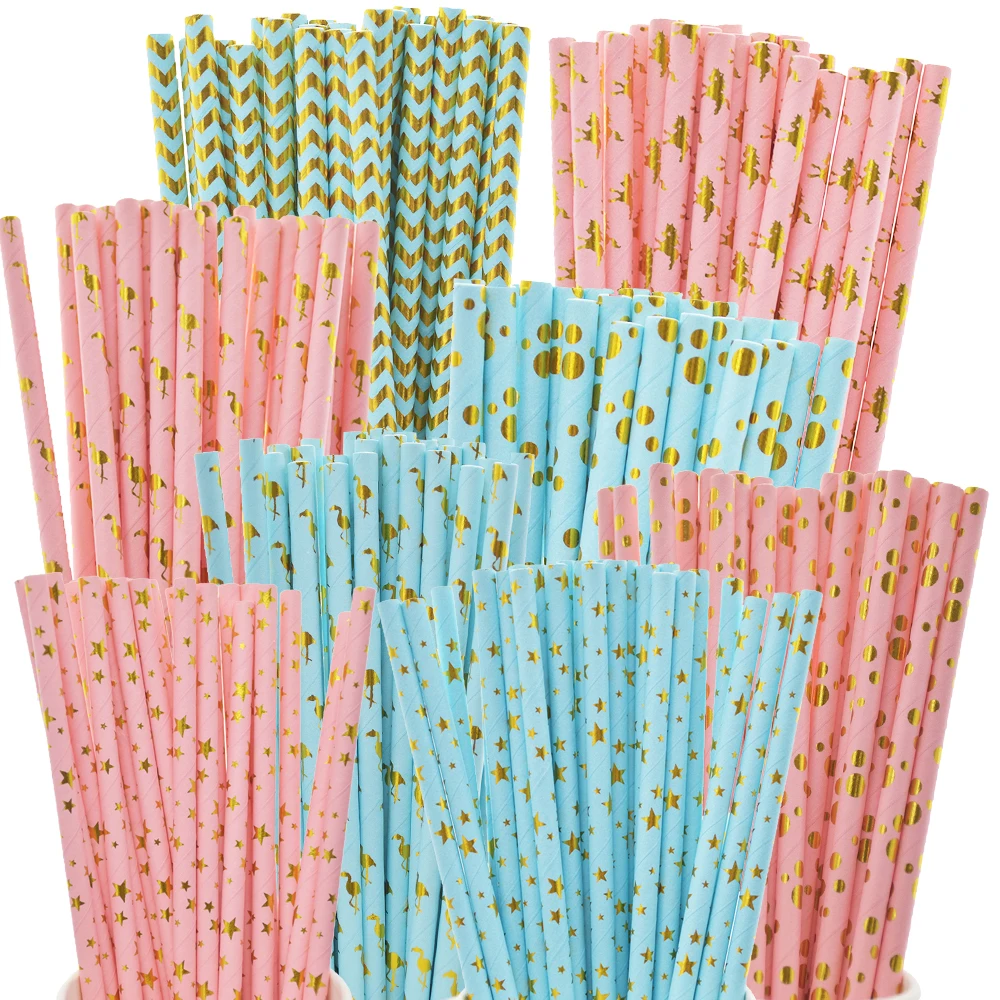 Розовые голубые золотые бумажные питьевые трубочки, биоразлагаемые, с различными узорами, для вечеринок, дня рождения, свадьбы, фуршетов, принадлежности для вечеринок.