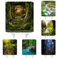 green forest scenery shower curtains waterproof bathroom screen polyester moss waterfall lake deer trees bath curtain home decor