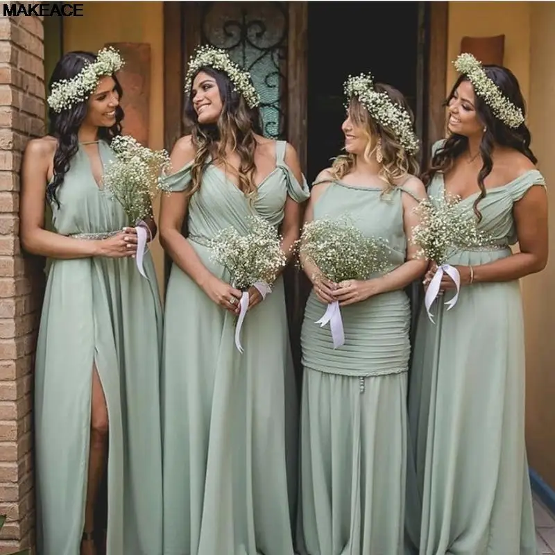 

Sage Green Bridesmaid Dresses 2022 Chiffon A-Line Off Shoulder Side Split Pleat Floor Length Wedding Party Gowns With Sashes