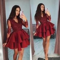ANGELSBRIDEP Long Sleeves Homecoming Dresses Burgundy Soiree Robe Fashion V-Neck Lace Design Graduation Formal Gowns Plus Size