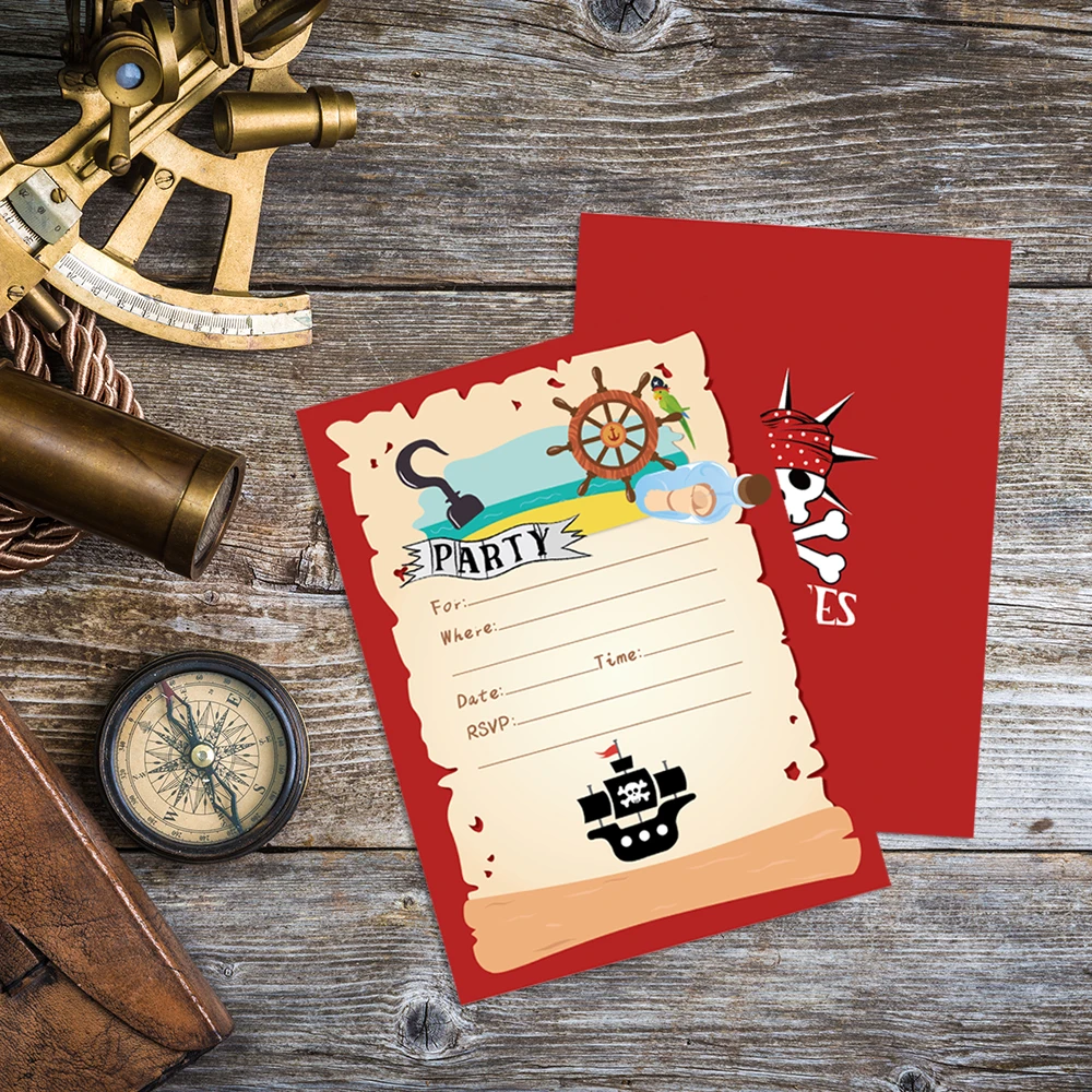 

10pcs/set DIY Caribbean Pirate Ship Captain Happy Birthday Party Decoration Paper Greeting Invitation Cards Kids Ocean Party