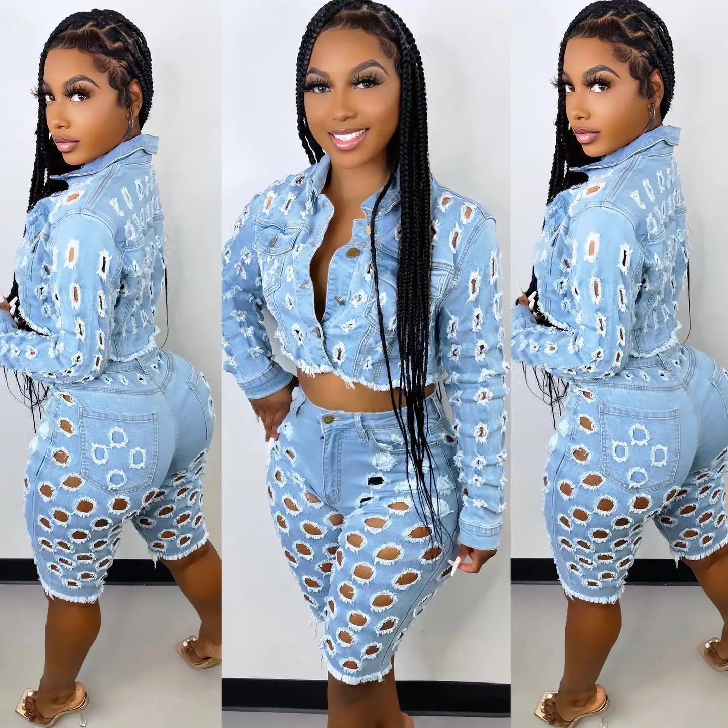 

2022 Elegant Jean Ripped Hole Women Two Piece Set Outfit Sweatsuit Jacket and Knee Length Jeans Matching Set Tracksuit