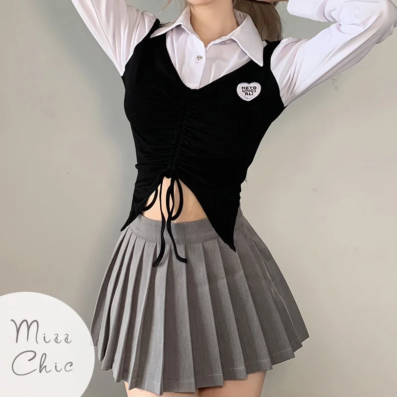

Y2k Drawstring Ruched Patchwork Shirt Vintage Long Sleeve Black White Cut Out Crop Top Slim Korean Fashion Tee Autumn Clothes