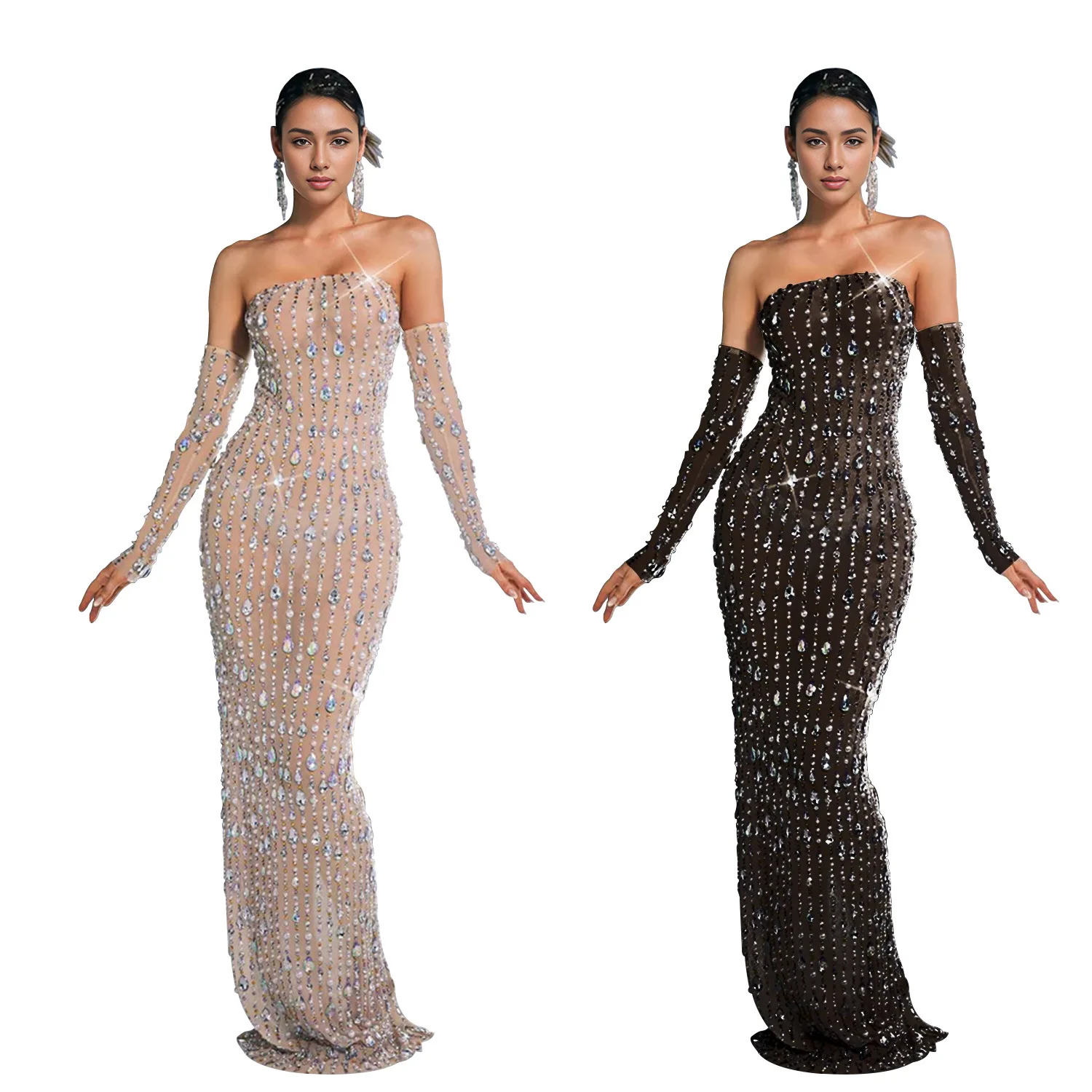 Женское вечернее платье без бретелек с открытой спиной и перчаткой