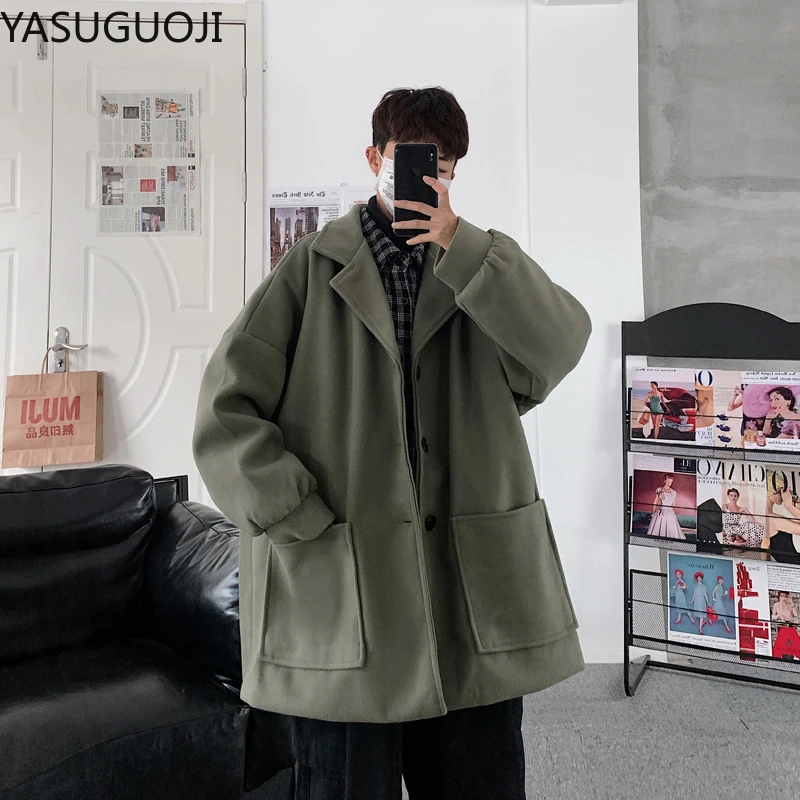 

YASUGUOJI Men's Korean Fashion Big Pockets Loose Oversize Single Breasted Woolen Coat Mens Winter Jackets and Coats Men Clothing