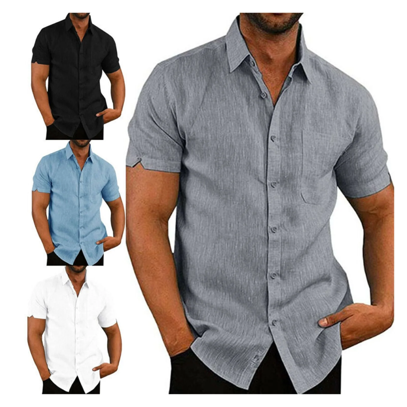 Mens Linen Blouse Short Sleeve Baggy Buttons Summer Solid Comfortable Pure Cotton And Linen Casual Loose Holiday Shirts Tee Tops