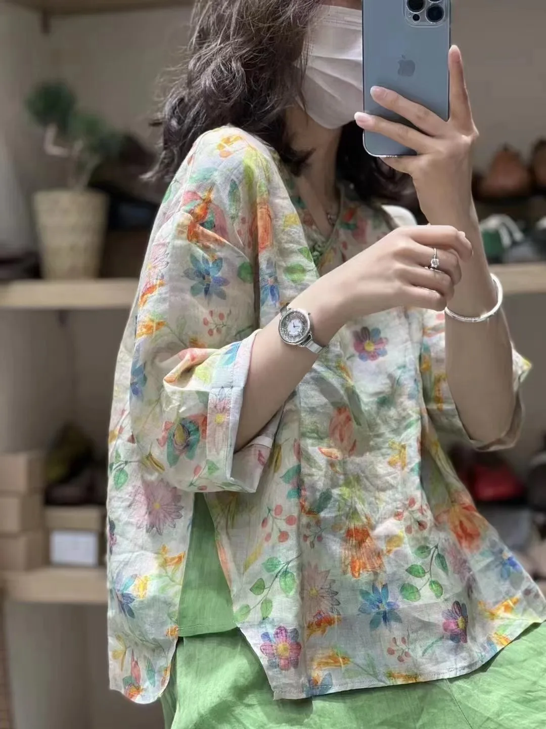 Chinese Sle Artistic Print Diagonal Buckle Ramie Short sleeve Pullover Top Women Loose Thin T-shirt Hanfu Shirt