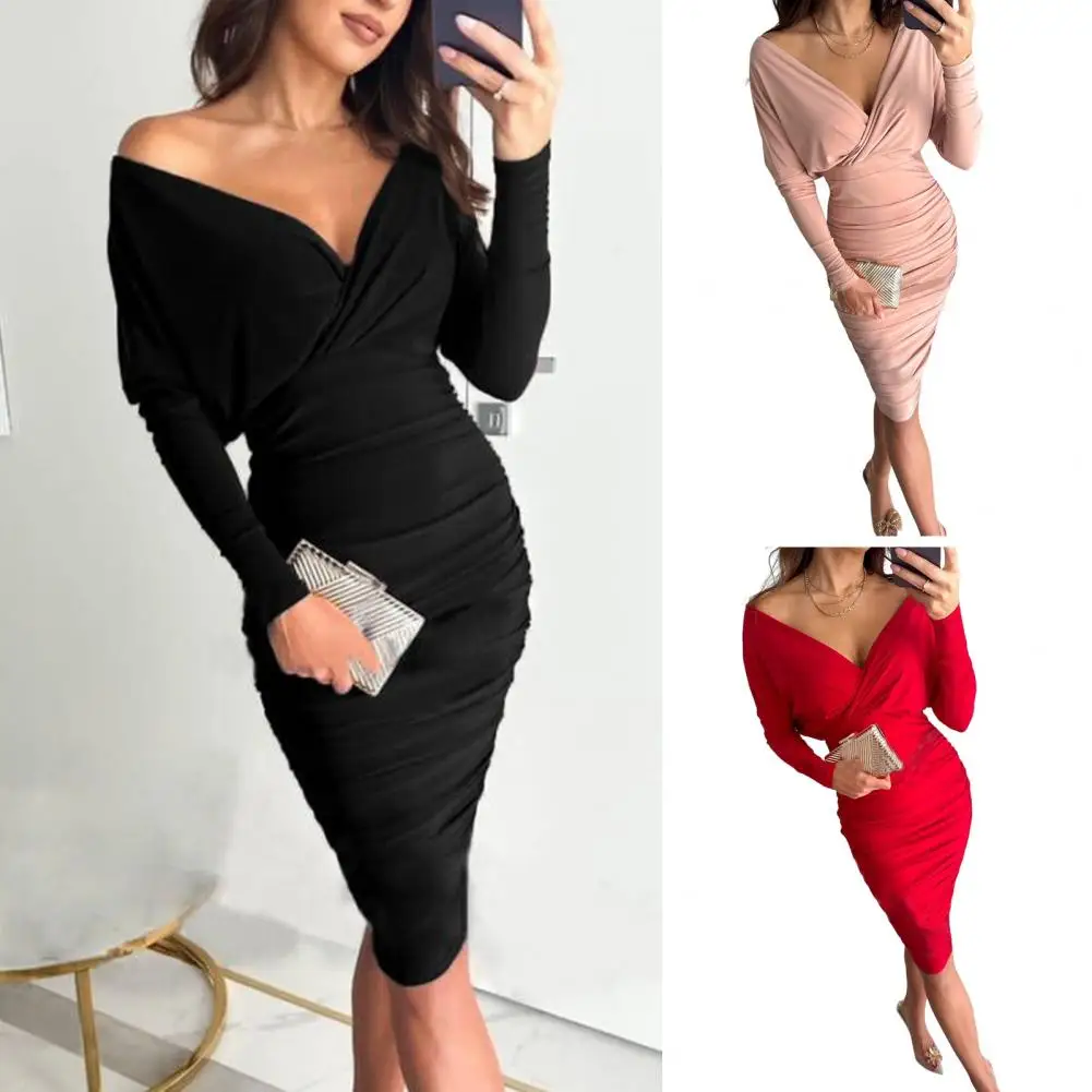 

Chic Autumn Dress Deep V Neck Bodycon Banquet Dress High Waist Party Dress
