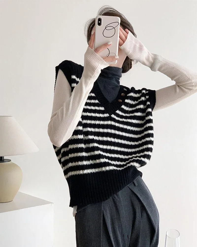 

black white striped Sweater Vest pull vintage vest chaleco mujer women Sleeveless Jumper knitwears tops outwears womens clothing