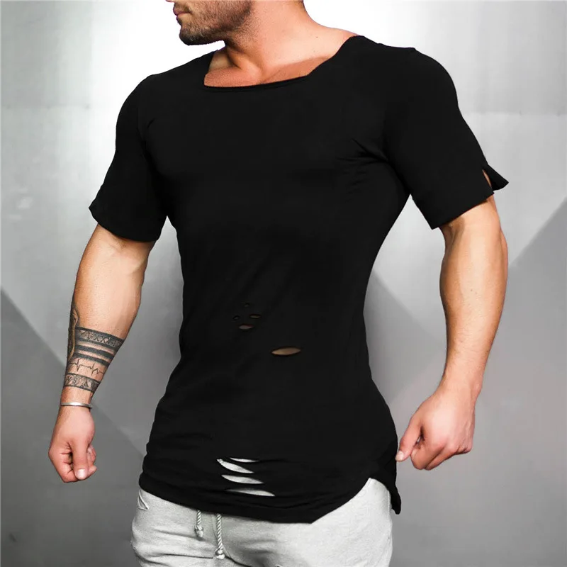 

Solid Color Cotton Men's Oversized T Shirt Long Slim Exercise Fitness Short-sleeved T-shirt Men's Holes Personalized T-shirts