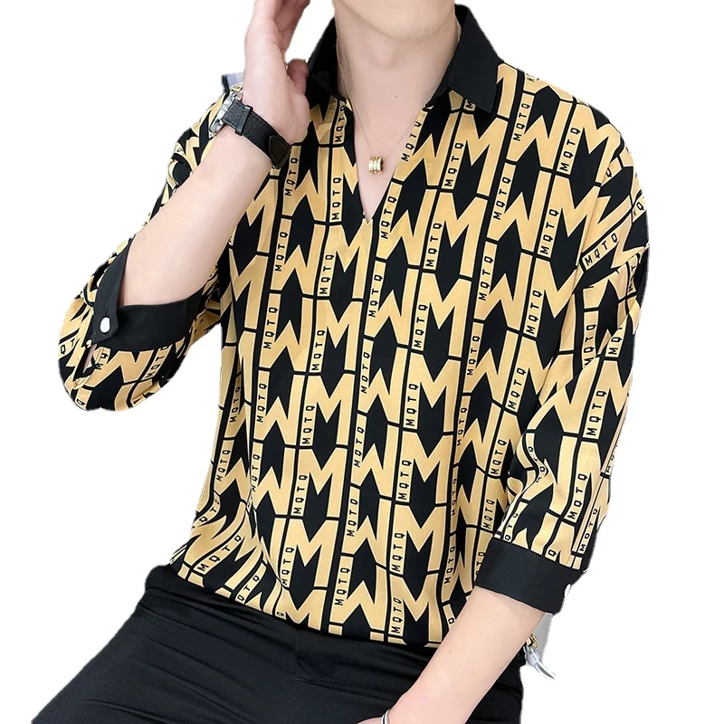 

New Boutique Men's Fashion and Comfort Versatile and Beautiful British Casual Slim-fit Printing Trend Three-quarter Sleeve Shirt