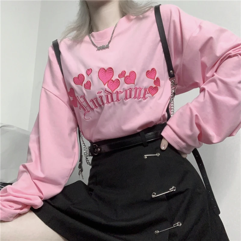

Korean Kpop Punk Pink Love Aesthetic Clothes black Long Sleeve T-Shirt Woman Couple Emo Urban Top Goth 90s Tee Grunge Clothes