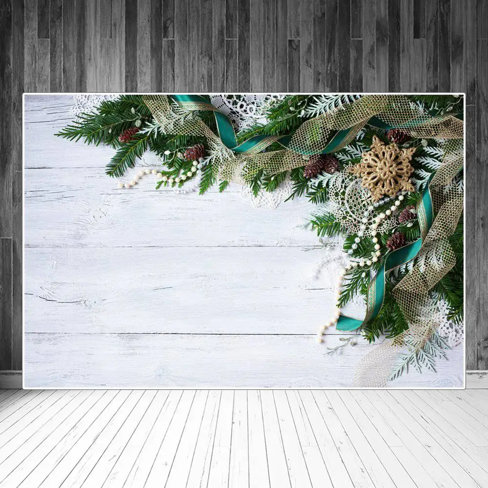 

Christmas Pine Cones Leaves Ribbon Wooden Board Plank Photography Backgrounds Custom Baby Party Decoration Photo Booth Backdrops