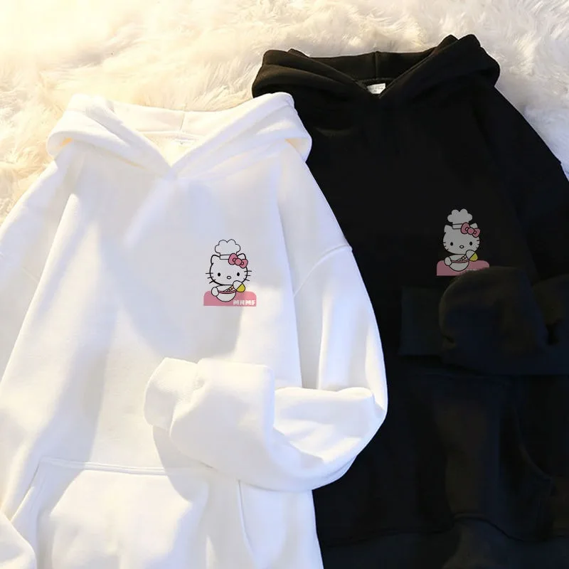 

Осенняя свободная толстовка с капюшоном Sanrio из аниме Kawaii Hello Kitty для мальчиков и женщин удобная и повседневная спортивная толстовка с капюшоном Hello Kitty